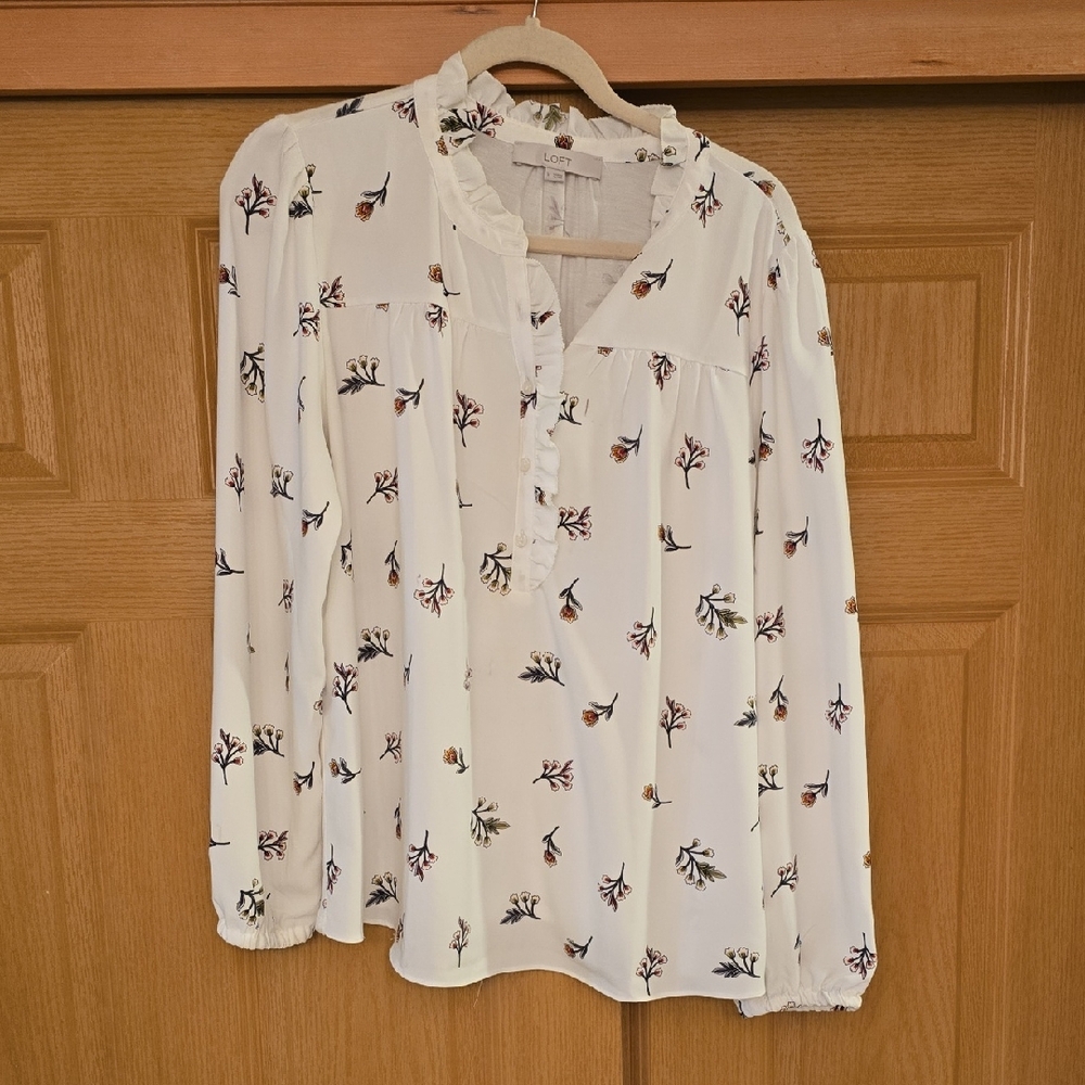 LOFT Cream Relaxed Mandarin Collar Blouse